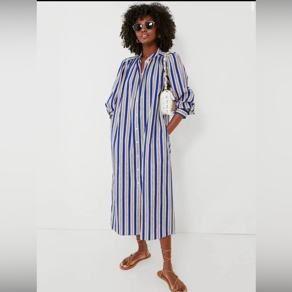 Oroton Striped Blue and White Maxi poplin Shirt Dress